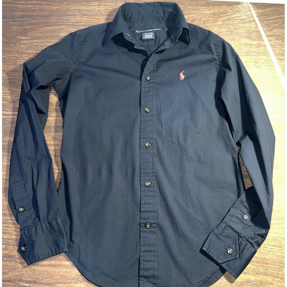 Ralph Lauren Sport Women's 2 Long Sleeve Button Down Shirt Navy Blue Pink Pony